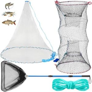 Windyun 3 Pcs Fishing Cast Net with Heavy Duty Sinker Portable Folded Lobster Crab Trap Fishing Net with Long Robust Telescopic Handle Freshwater Saltwater Bait Fishing Accessories